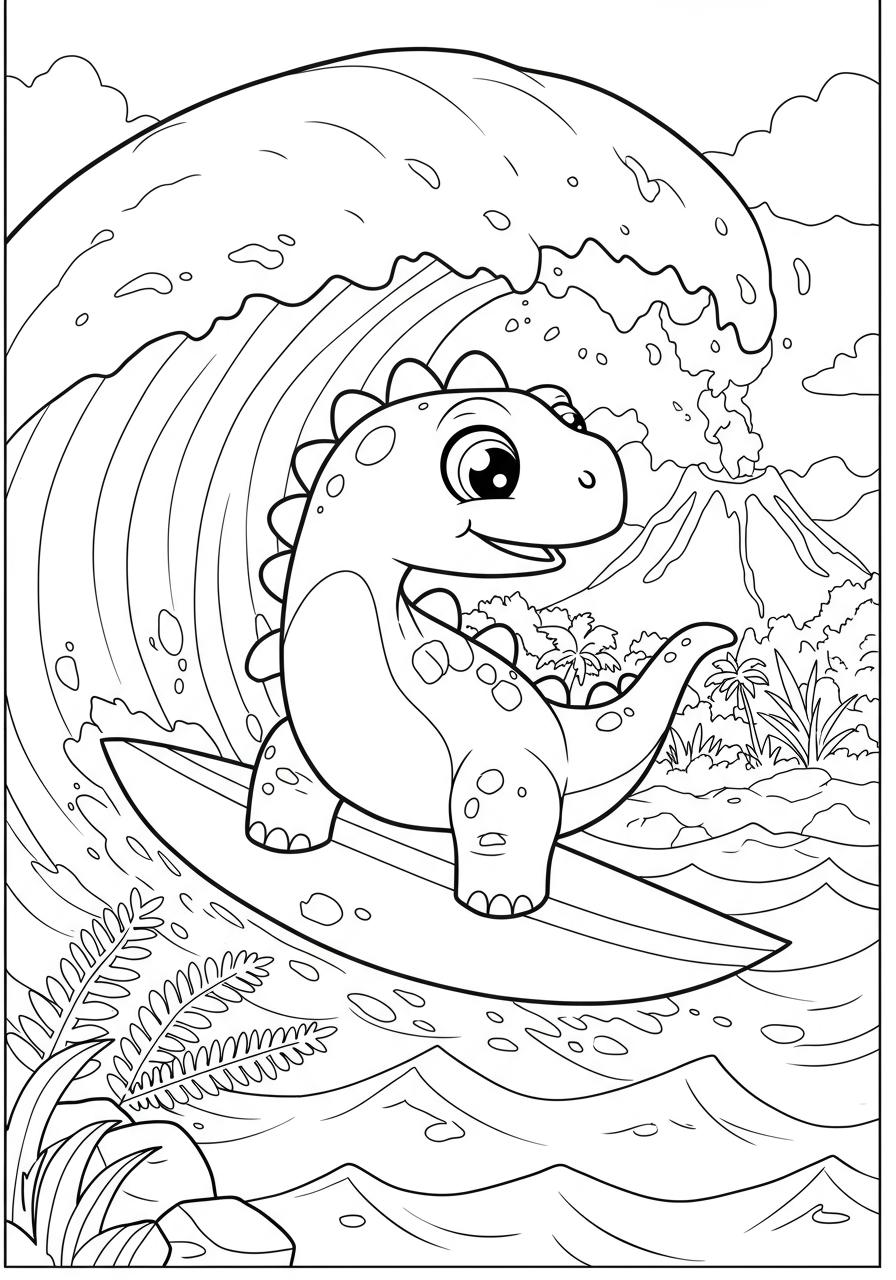 A free printable coloring page featuring a happy cartoon dinosaur surfing a large ocean wave with bold outlines.