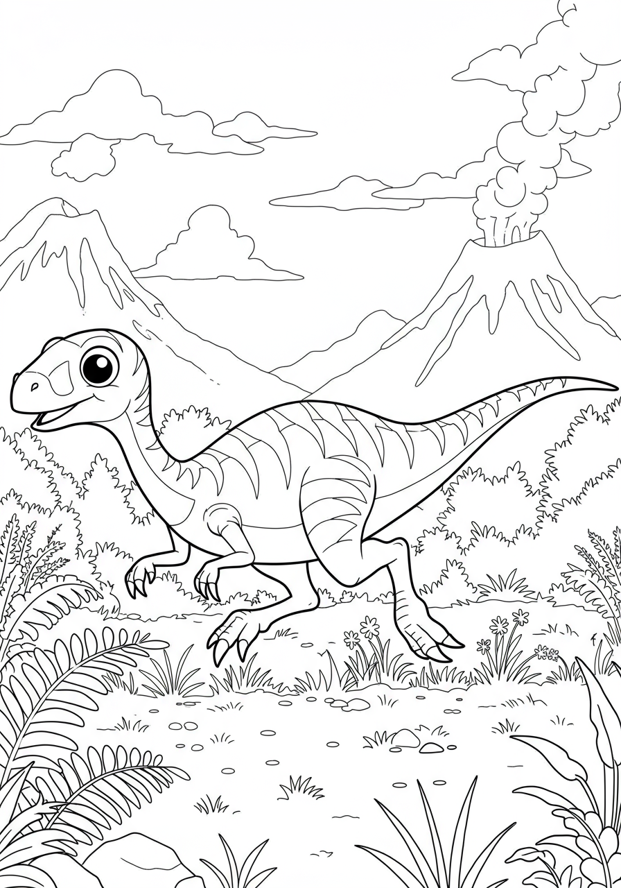 Free printable Coelophysis swift runner dinosaur coloring page for kids, showing a fast-moving theropod in a prehistoric landscape.