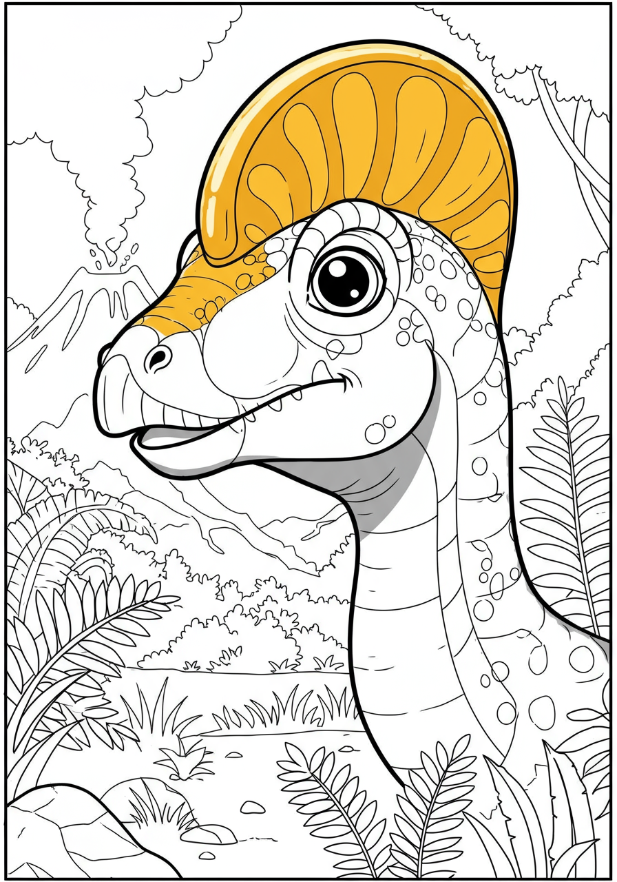 Free printable Cryolophosaurus crested head coloring page for kids, showing the dinosaur's unique golden-like crest and fierce expression.