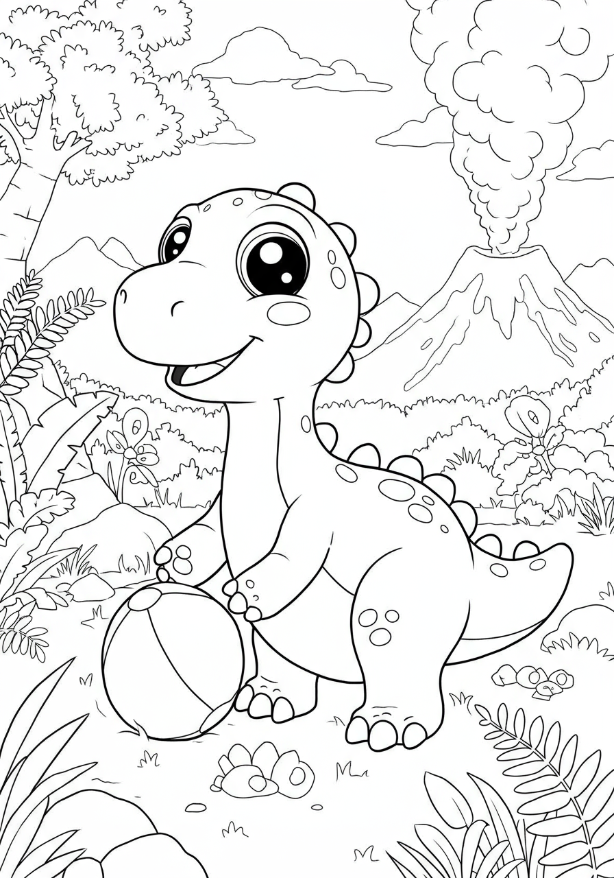 Free printable coloring page featuring a cute baby dinosaur playing with a ball or toy in a prehistoric landscape, perfect for young children.