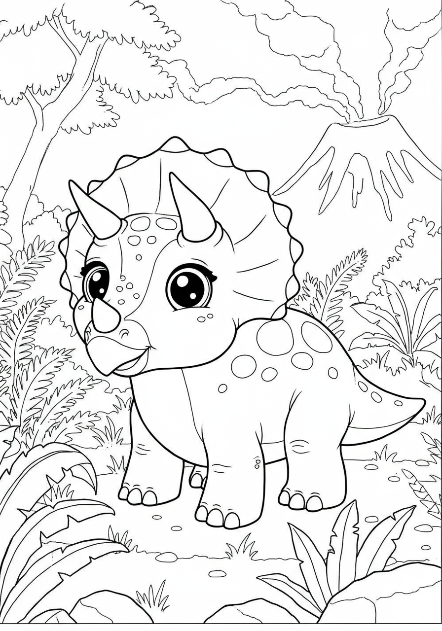A free printable coloring page featuring an adorable baby Triceratops dinosaur with big eyes and a small frill, perfect for young children to color.