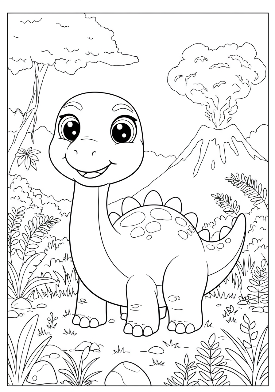 Free printable coloring page featuring a cute, smiling cartoon dinosaur with friendly eyes and bold outlines, perfect for young children.