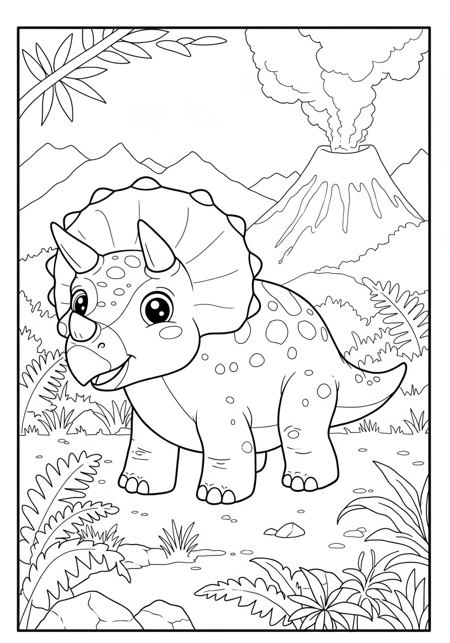 Free printable cute little Triceratops coloring page for kids, easy difficulty, featuring a friendly three-horned dinosaur illustration.