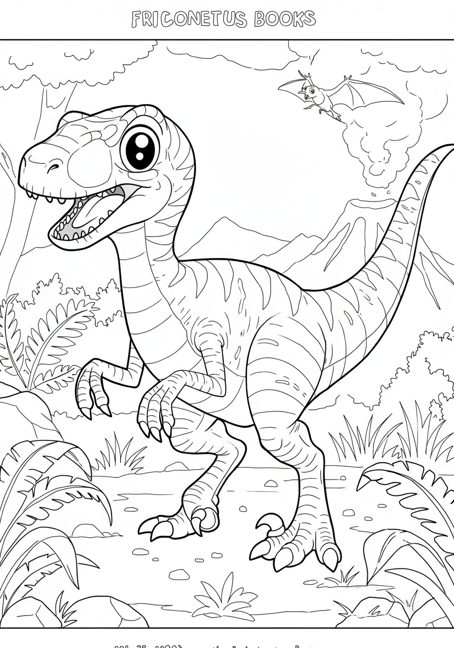 Free printable Deinonychus fierce raptor coloring page showing the dinosaur in a dynamic pose, ready for kids to color.