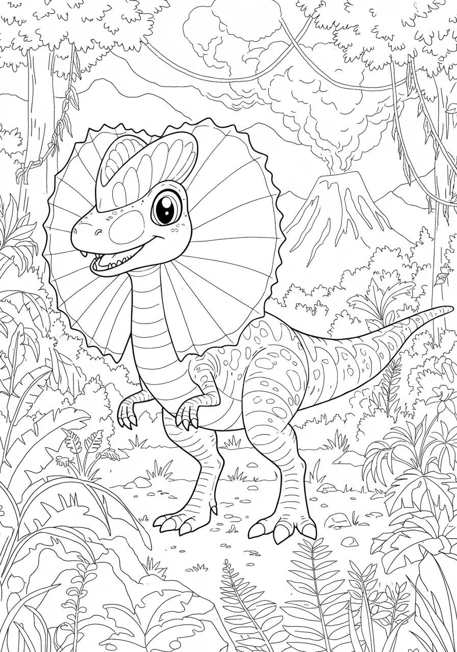A free printable coloring page depicting a Dilophosaurus with its frill extended, in a dynamic ambush pose amidst dense jungle foliage.