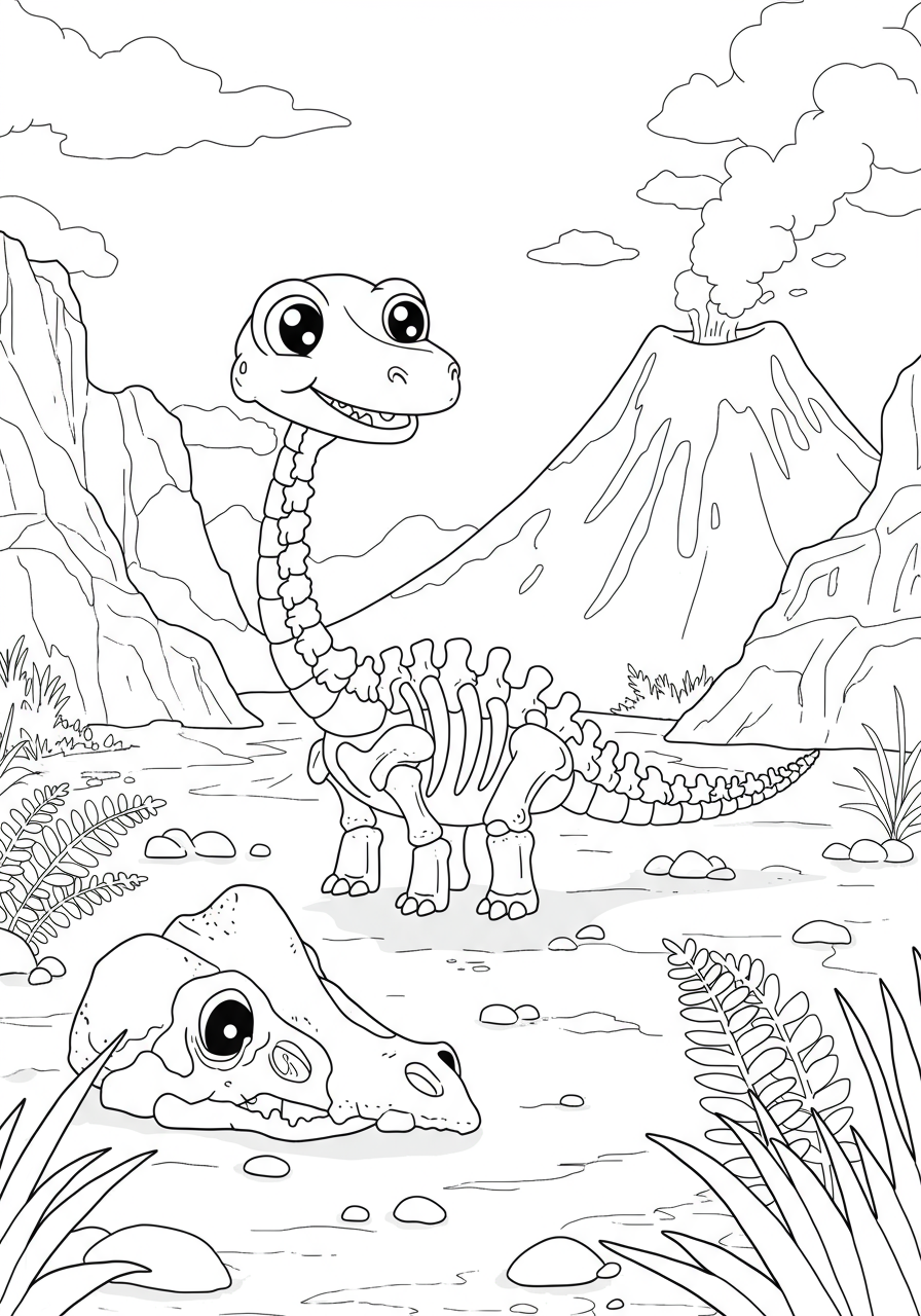 Free printable coloring page featuring dinosaur bones in a desert landscape, perfect for kids.