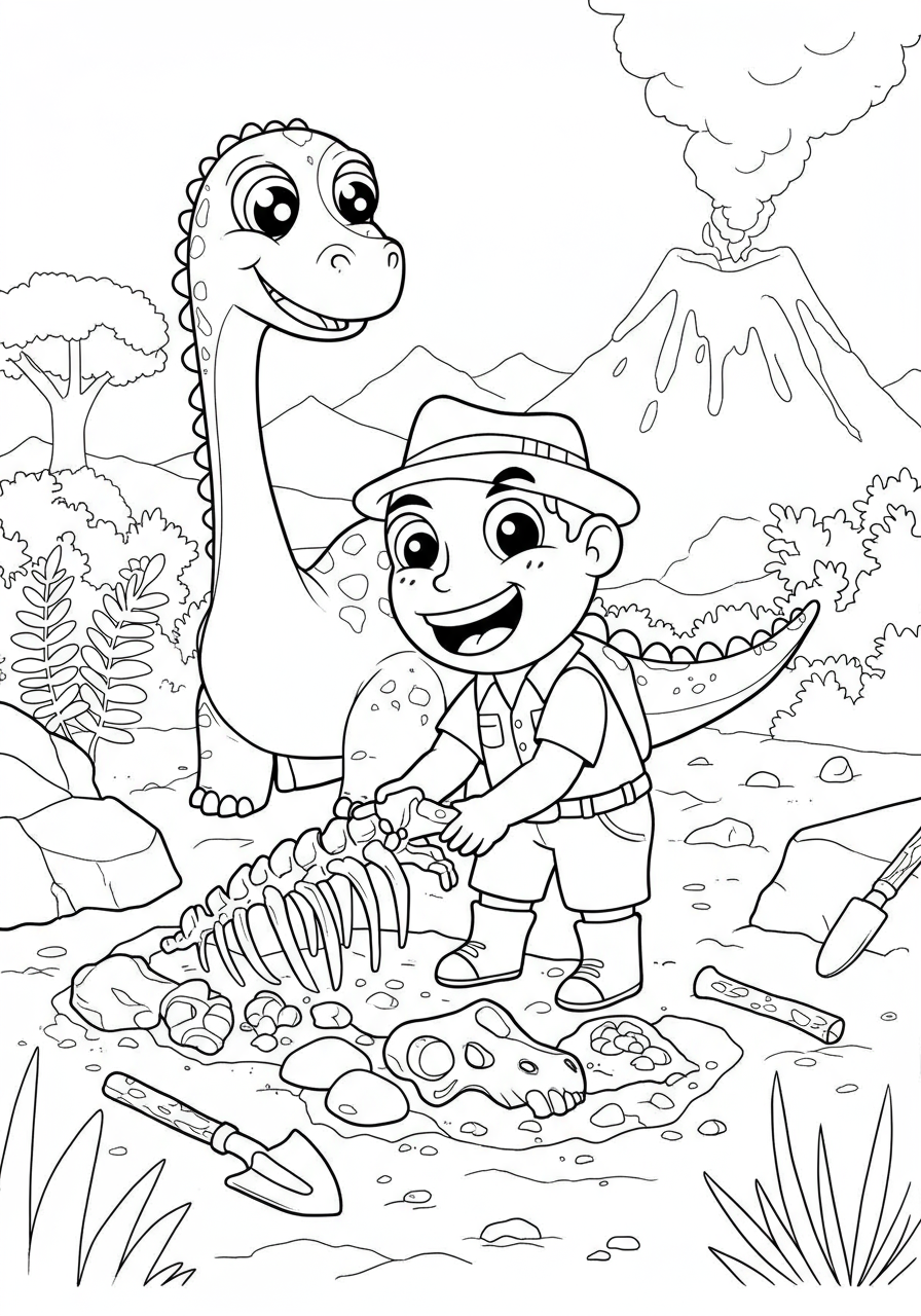 A free printable coloring page showing a happy paleontologist carefully uncovering large dinosaur bones from a dig site in the desert, surrounded by tools.
