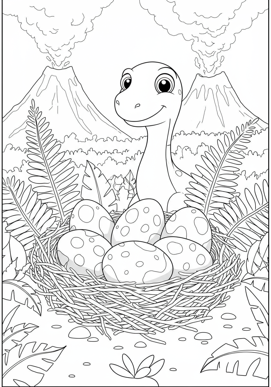 Free printable dinosaur eggs nest coloring page showing several large, oval eggs resting securely in a round nest, surrounded by large prehistoric leaves.