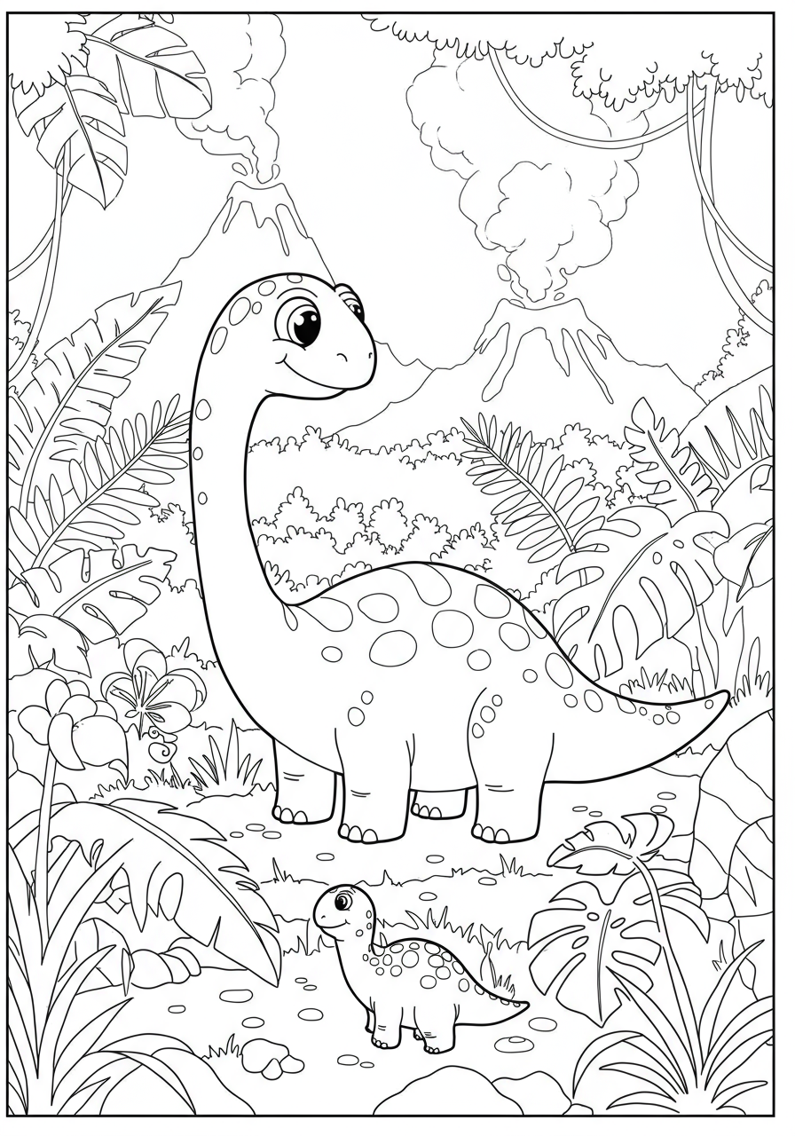 Free printable coloring page depicting a friendly dinosaur family, including a parent and baby, exploring a lush green jungle with large leaves and plants.