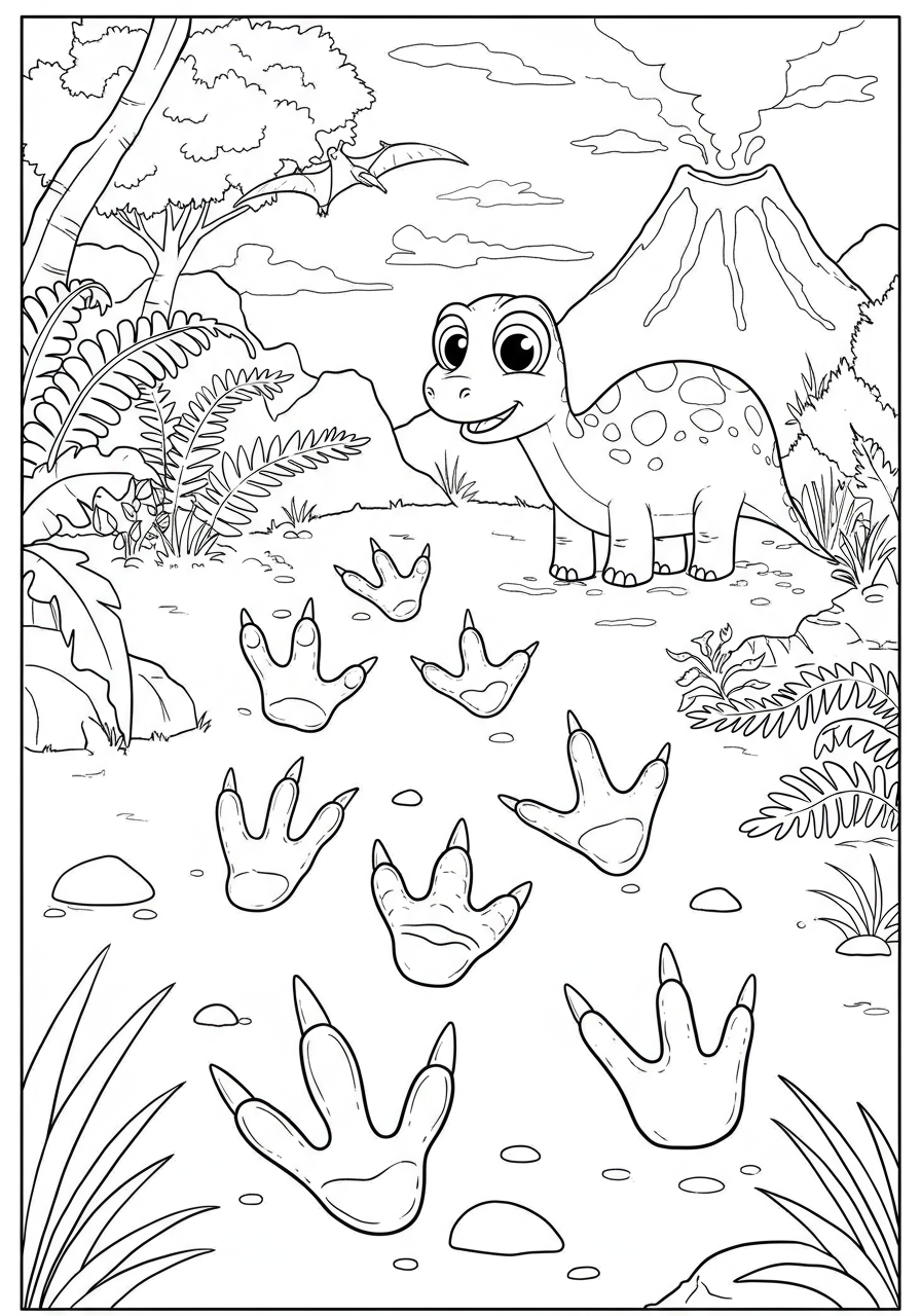 Free printable coloring page featuring ancient dinosaur footprints of various sizes and shapes, impressed into prehistoric ground, perfect for kids to color and learn about prehistoric life.
