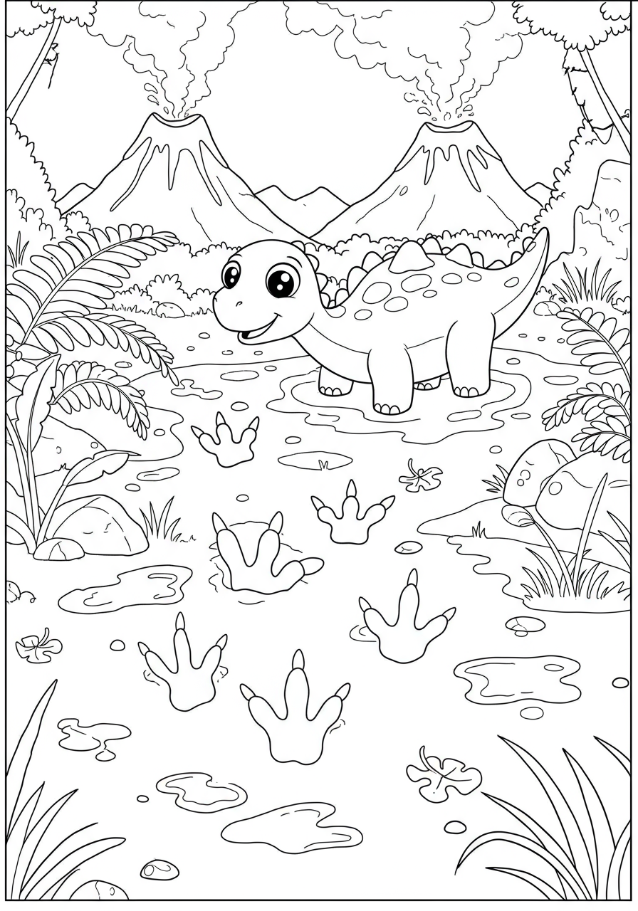 A free printable coloring page showing various dinosaur footprints pressed into thick, wet mud, with small puddles and leaves.