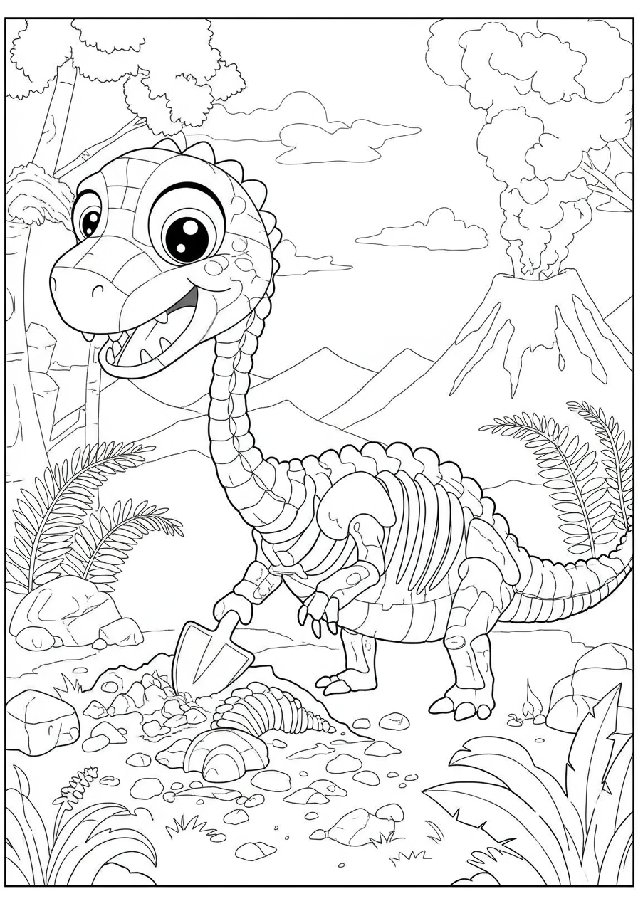 Free printable dinosaur fossil excavation coloring page for kids showing a paleontologist digging up a dinosaur skeleton.