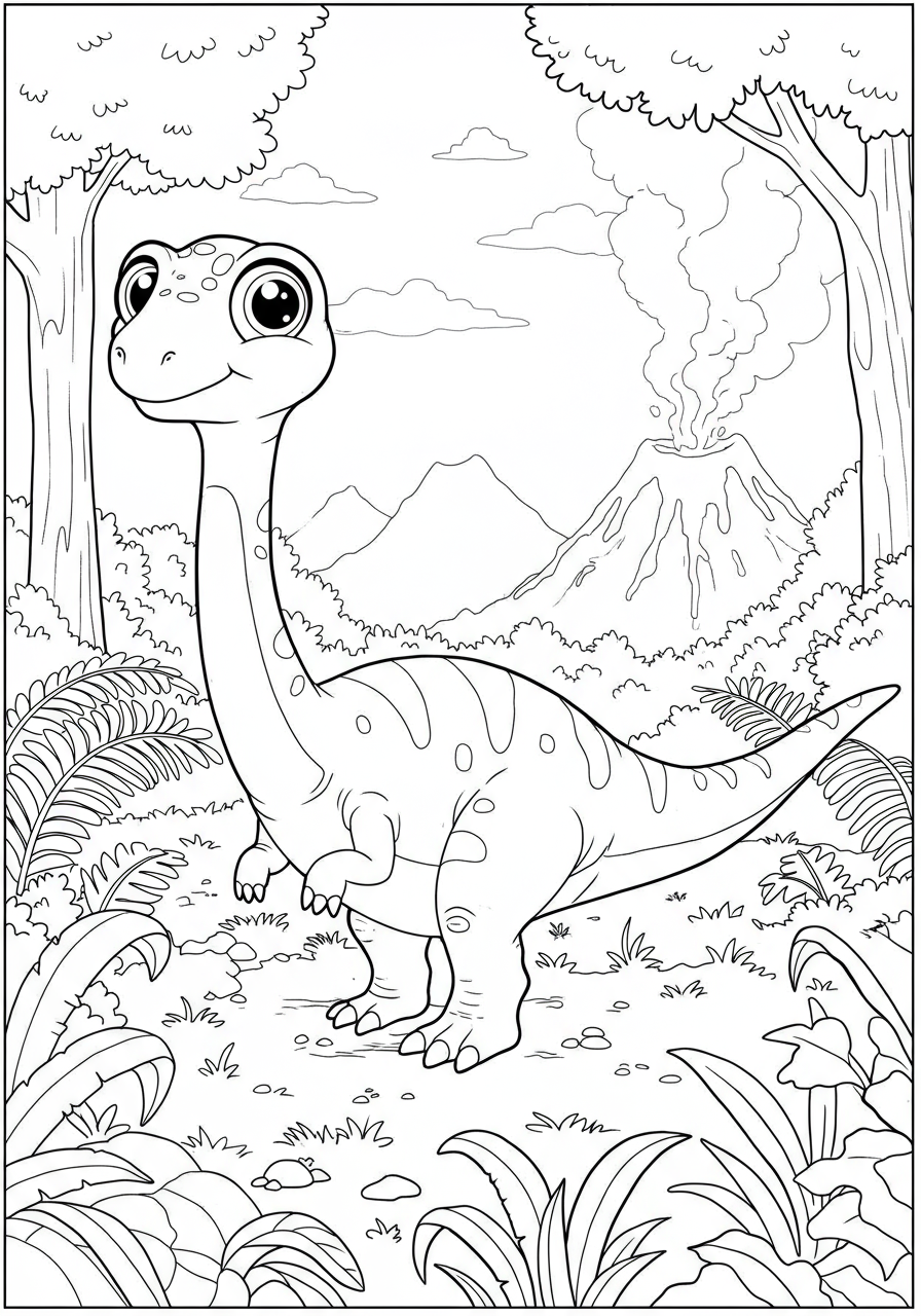 Free printable Dryosaurus forest herbivore coloring page for kids, showing a friendly plant-eating dinosaur with large eyes standing in a lush forest environment.