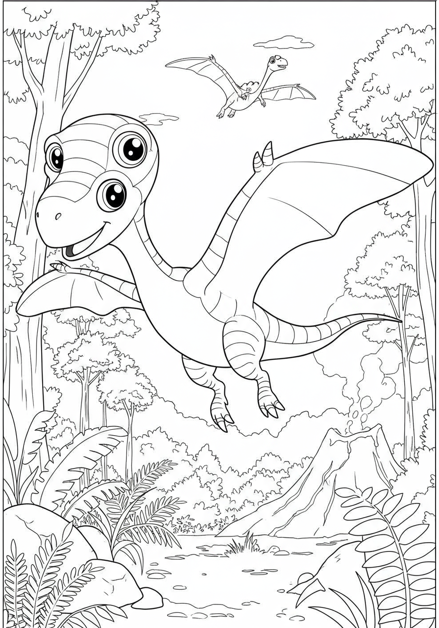 A free printable coloring page featuring a Dimorphodon flying through a prehistoric forest with lush trees, designed for easy coloring by kids.