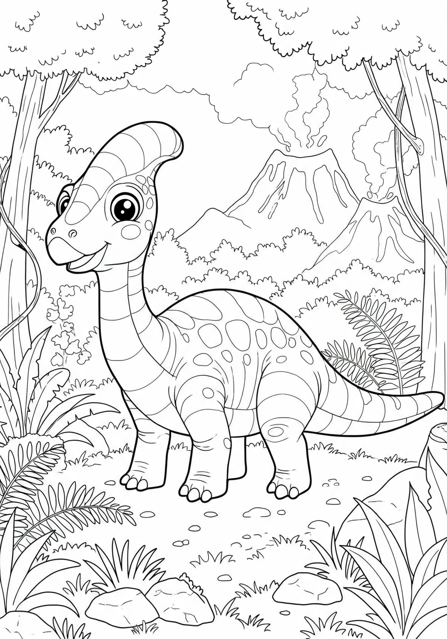 A free printable coloring page featuring a friendly, forest dwelling Hadrosaurus, perfect for kids to color with trees and plants in the background.