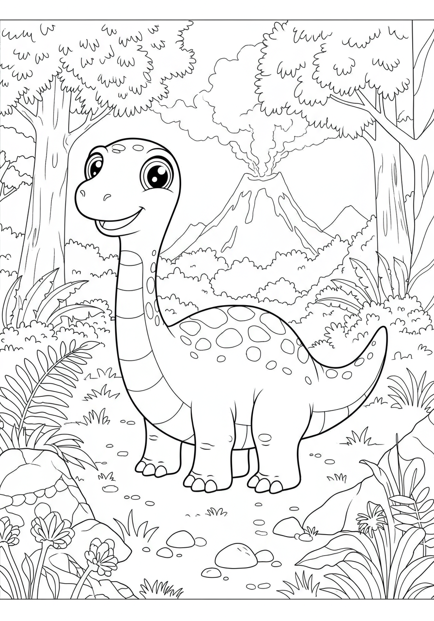 Free printable coloring page depicting a friendly dinosaur in a lush prehistoric forest scene with trees and plants, designed for easy coloring.