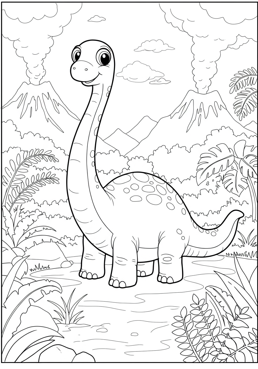 Free printable coloring page featuring a friendly Brontosaurus standing in a river surrounded by lush prehistoric plants.