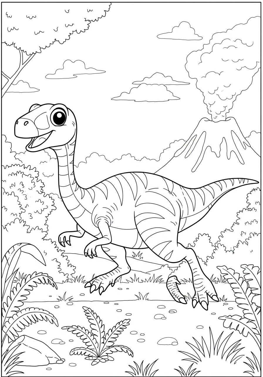 Free printable coloring page featuring a Gallimimus dinosaur running at full speed across a prehistoric landscape, perfect for kids to color and learn about fast dinosaurs.