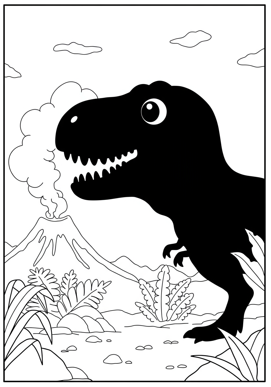 Free printable coloring page featuring a giant Tyrannosaurus Rex shadow, perfect for kids who love dinosaurs. The easy-to-color image shows the distinct profile of a T-Rex as a dark silhouette.