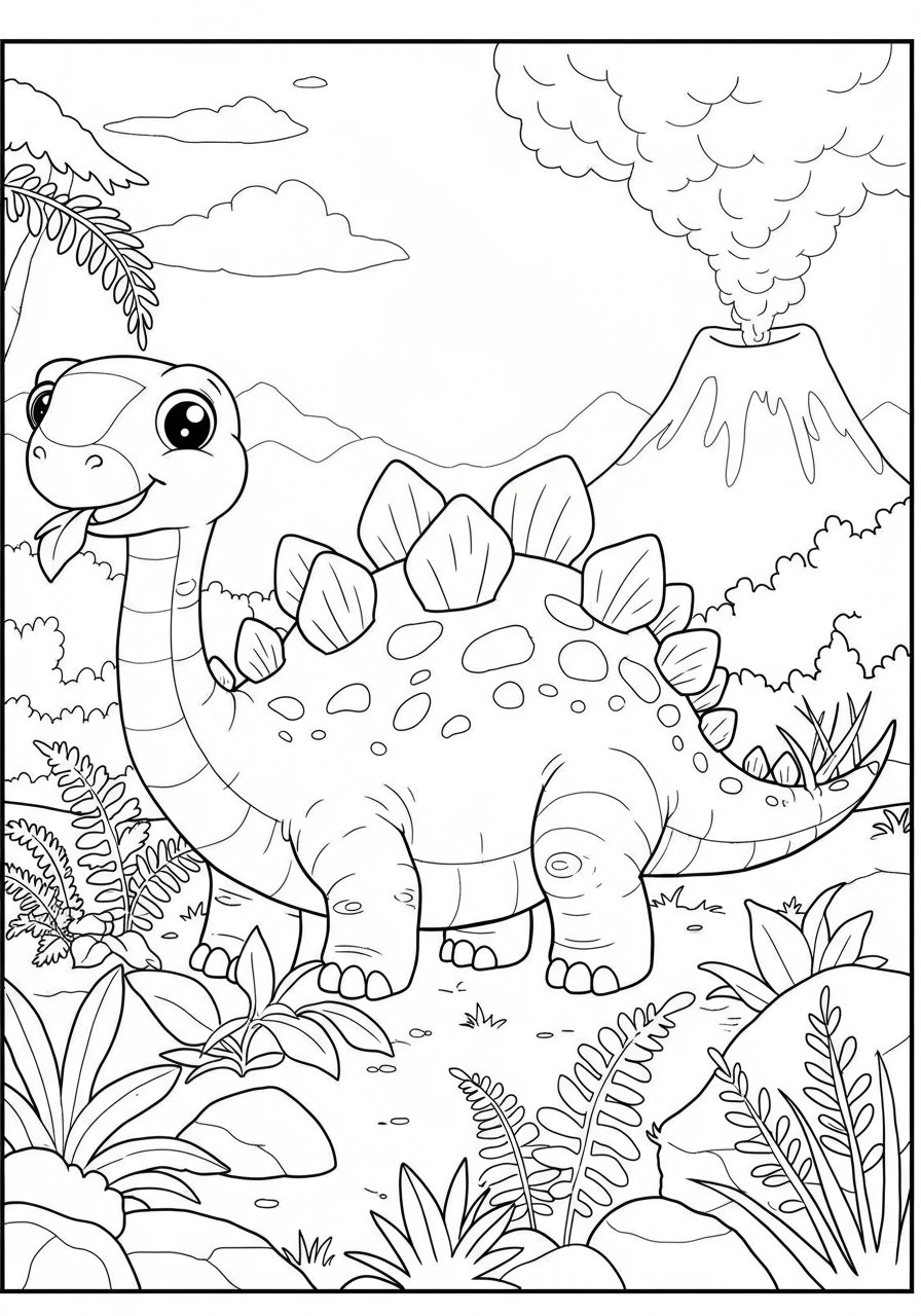 Free printable coloring page featuring a happy Stegosaurus dinosaur with distinctive plates on its back, happily eating green leaves and ferns, perfect for kids.