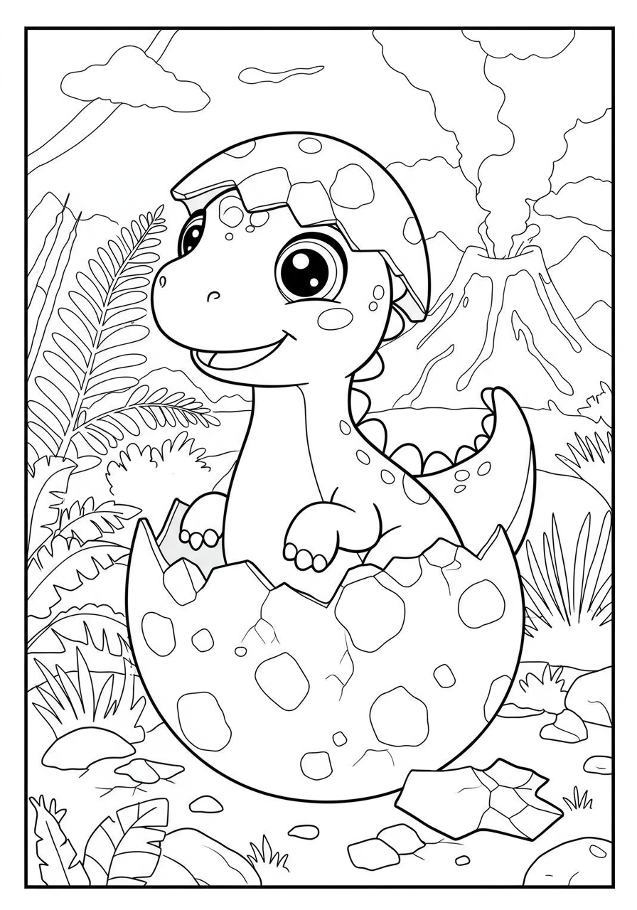 A free printable coloring page featuring a baby dinosaur hatching from a cracked egg, suitable for kids.