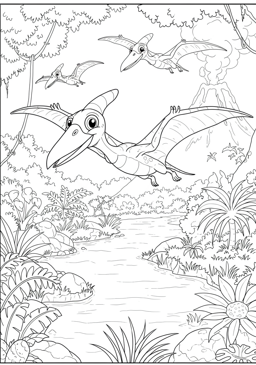 Free printable coloring page featuring Pterosaurs flying over a jungle river, with lush vegetation and calm water, perfect for young artists.