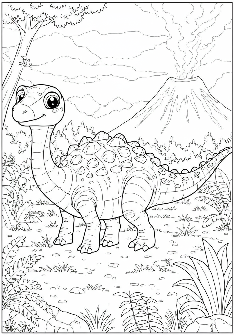 Free printable Kentrosaurus sharp spikes coloring page showing the dinosaur with its distinctive tail spikes and back plates in a prehistoric landscape.