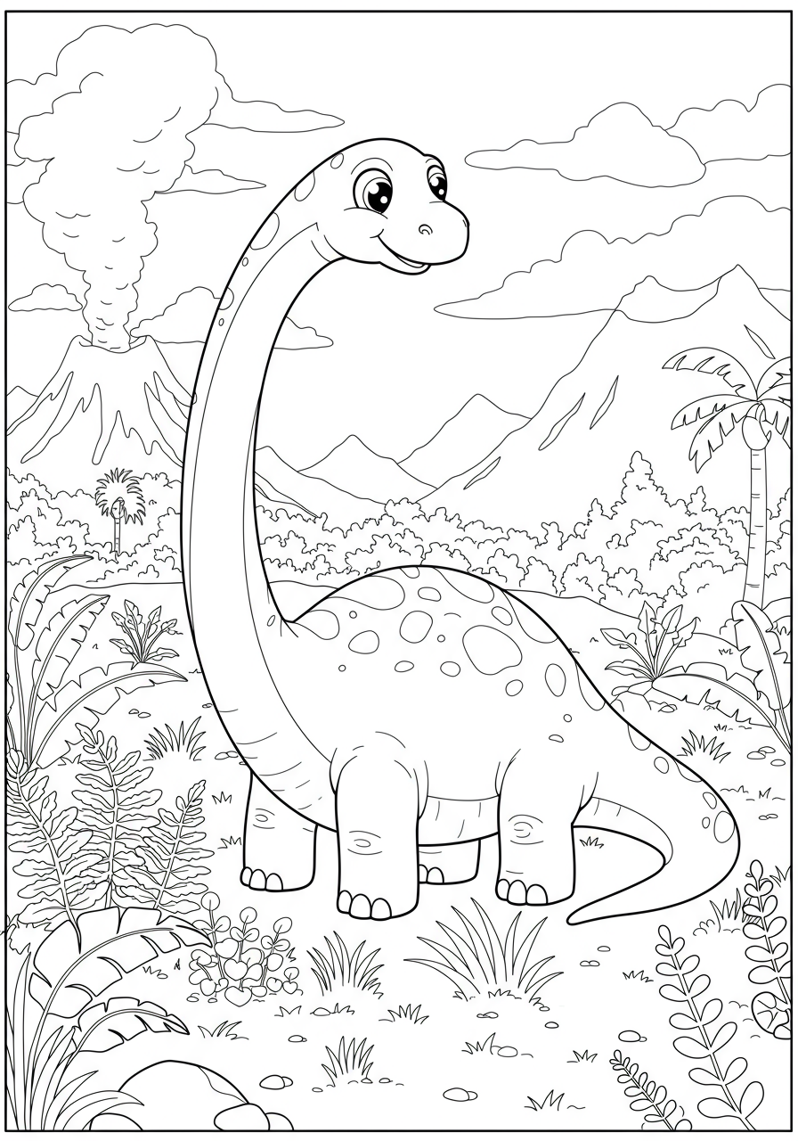 A free printable coloring page showing a long-neck Brontosaurus grazing on plants in a prehistoric landscape, perfect for kids.