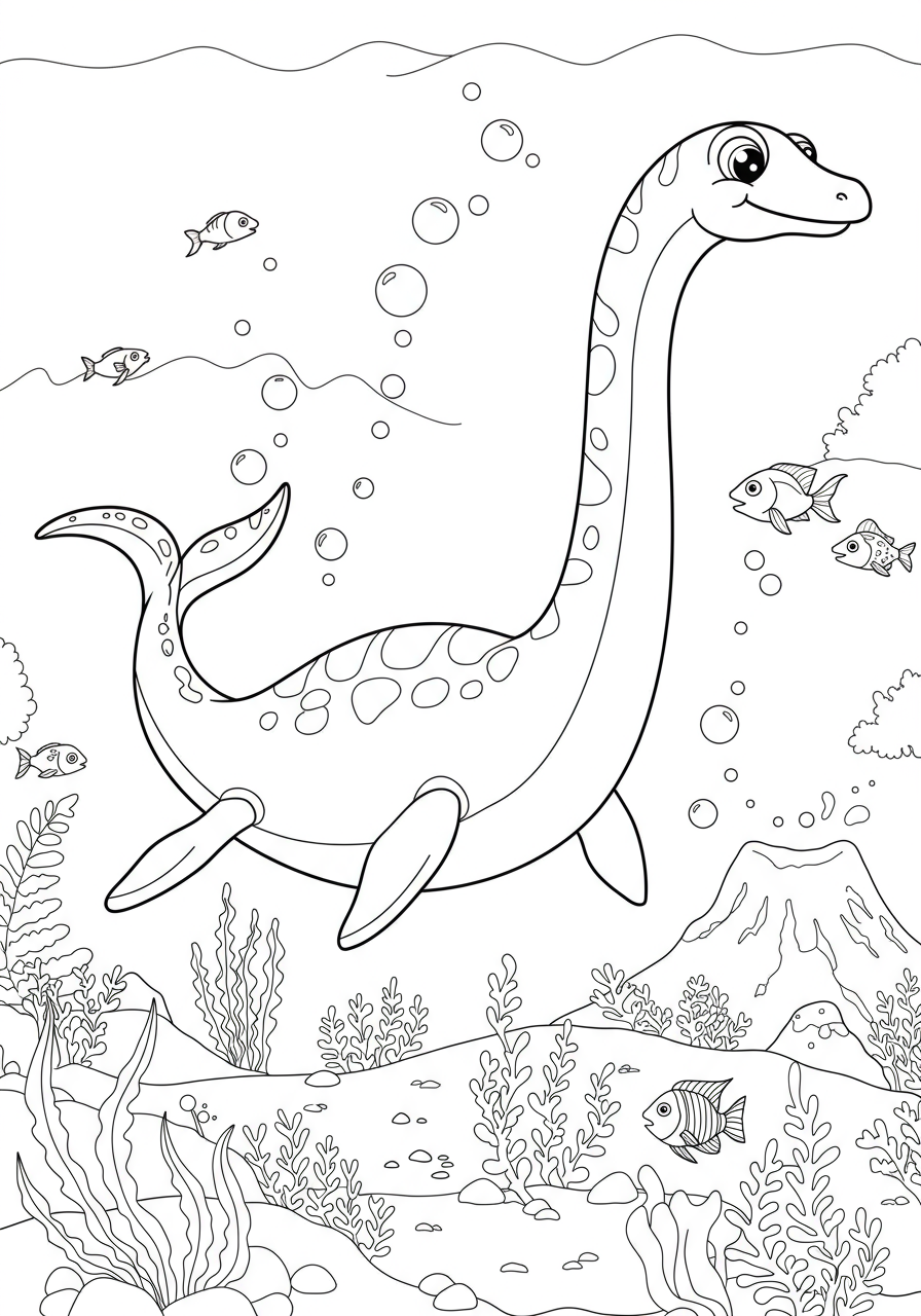 Free printable Elasmosaurus ocean coloring page for kids, showing the long-necked marine reptile swimming gracefully in the sea with bubbles, fish, and underwater plants.