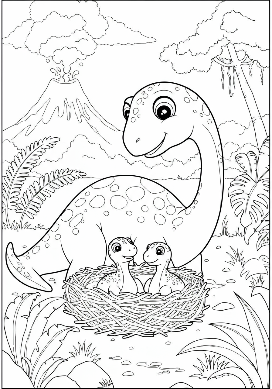 Free printable Maiasaura caring mother coloring page for kids, showing a gentle adult dinosaur watching over her babies in a nest, surrounded by simple prehistoric plants.