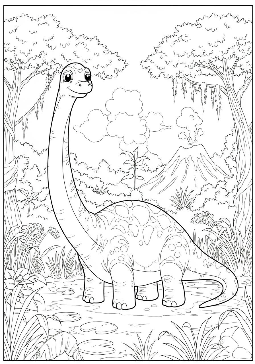 Free printable Majestic Diplodocus swamp dinosaur coloring page for kids, showing a long-necked Diplodocus surrounded by lush swamp plants and trees.