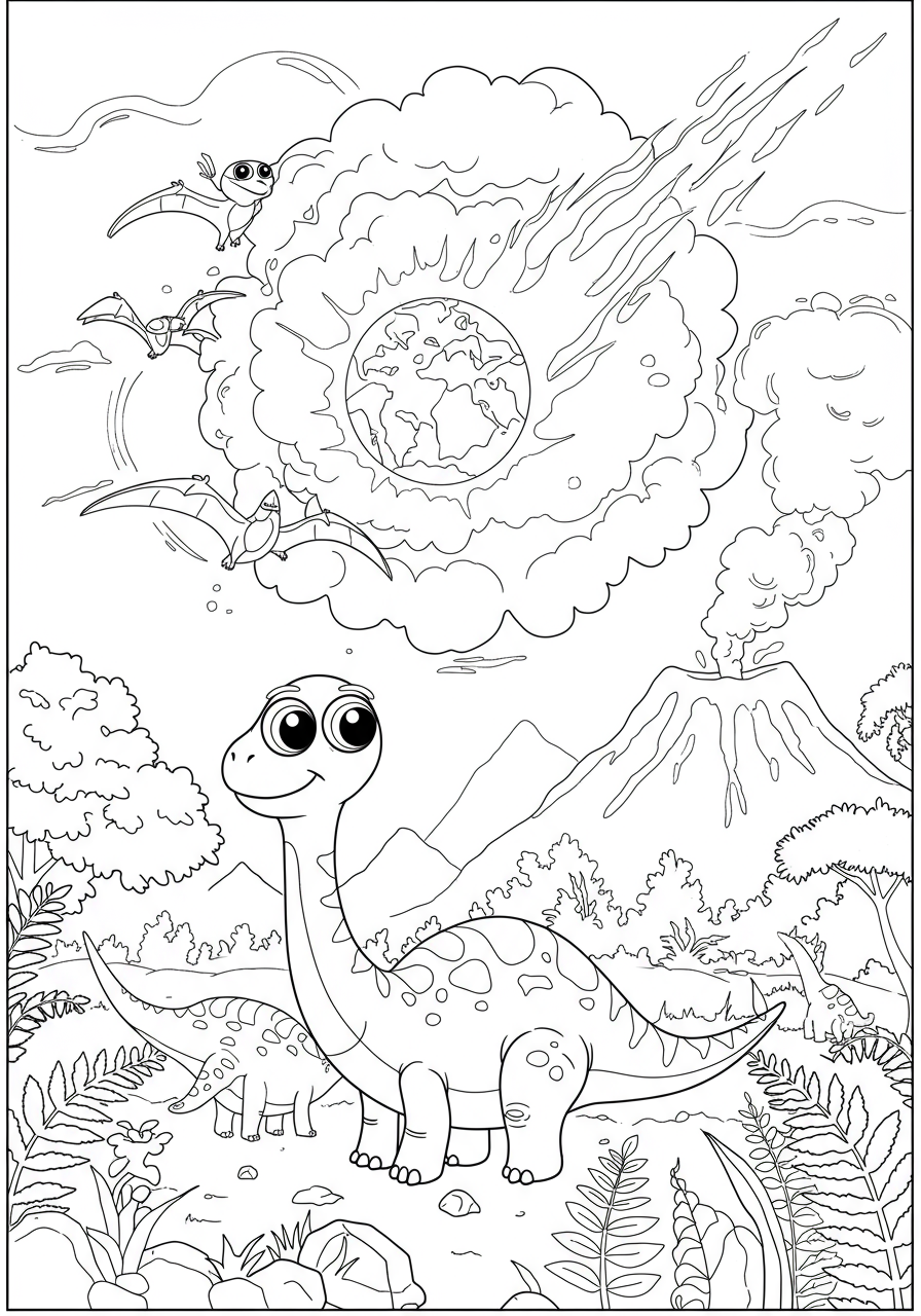 A dramatic illustration of a meteor striking Earth, surrounded by an impact cloud, with silhouettes of dinosaurs in the foreground. Free printable coloring page for kids.