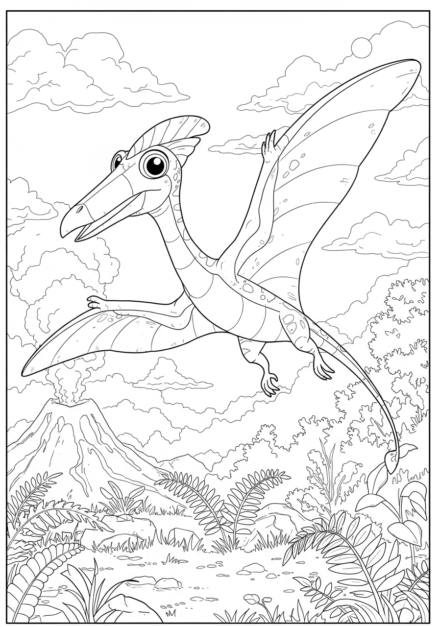 Free printable coloring page featuring a majestic Quetzalcoatlus soaring through a cloudy sky, perfect for kids who love prehistoric flying reptiles.