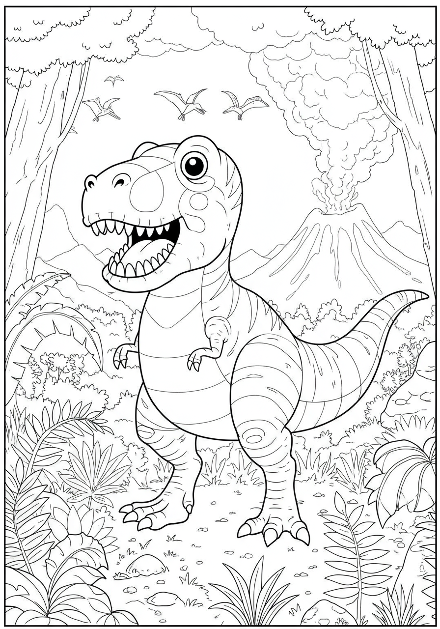 Free printable coloring page featuring a mighty T-Rex roaring in a lush prehistoric forest, designed for kids.