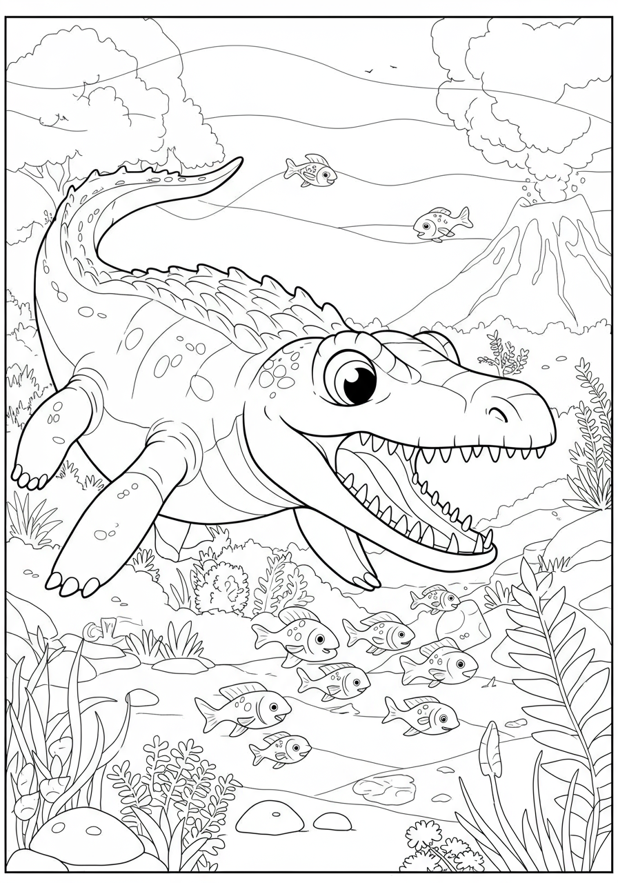 Free printable coloring page featuring a fierce Mosasaurus with sharp teeth attacking a school of small fish in the ocean, perfect for kids to color.