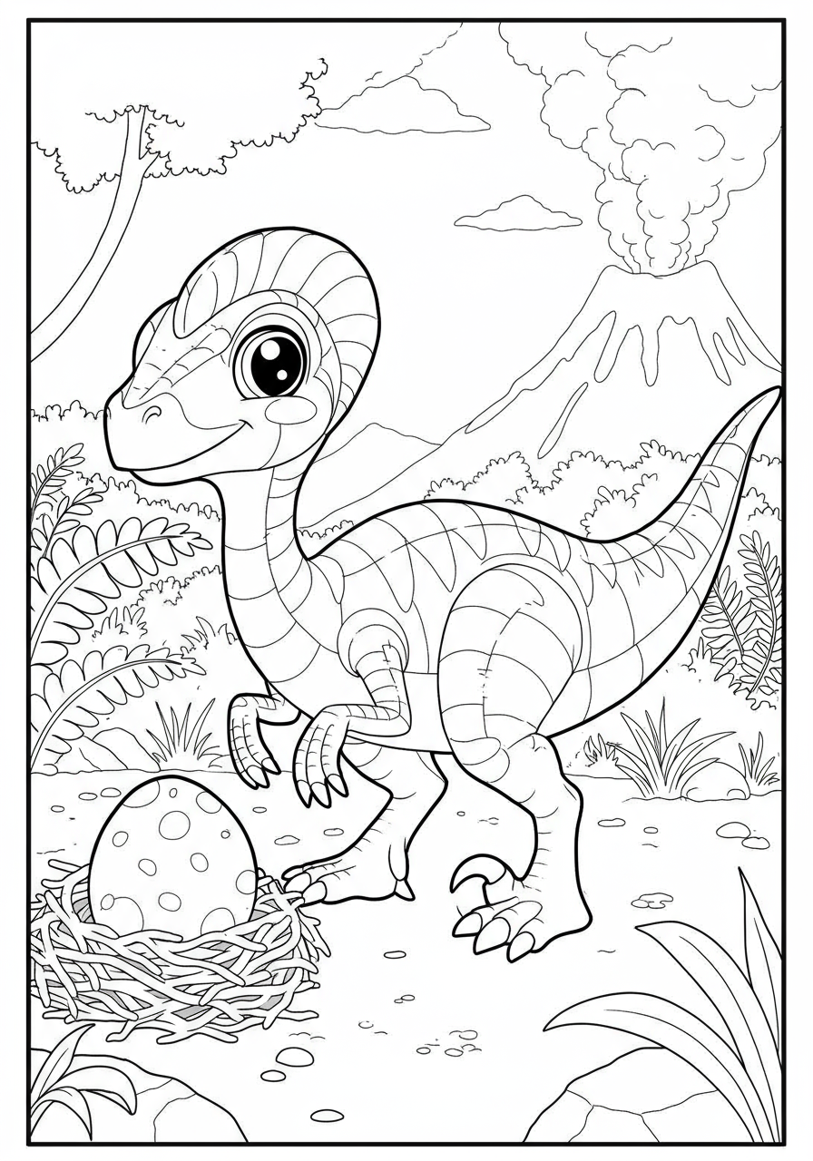 Free printable Oviraptor egg thief dinosaur coloring page for kids, showing a friendly Oviraptor with its distinctive crest near its nest.