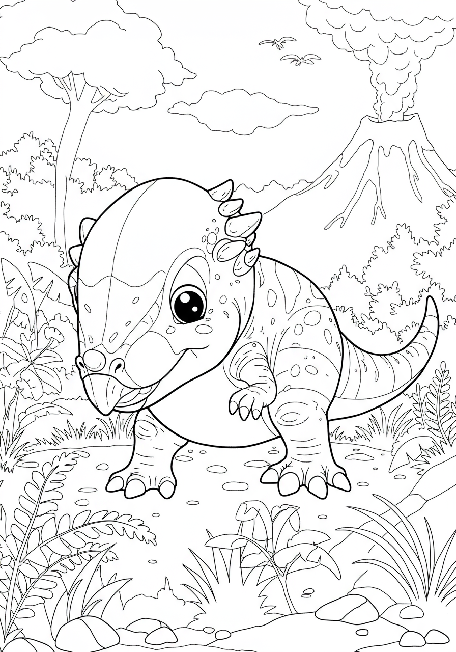 A free printable coloring page featuring a Pachycephalosaurus in a dynamic head-butting pose, showcasing its thick, dome-shaped skull.