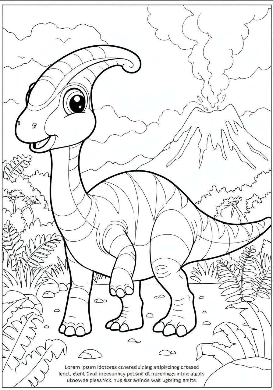 Free printable Parasaurolophus crested call dinosaur coloring page for kids, showing a friendly Parasaurolophus with its distinctive head crest.