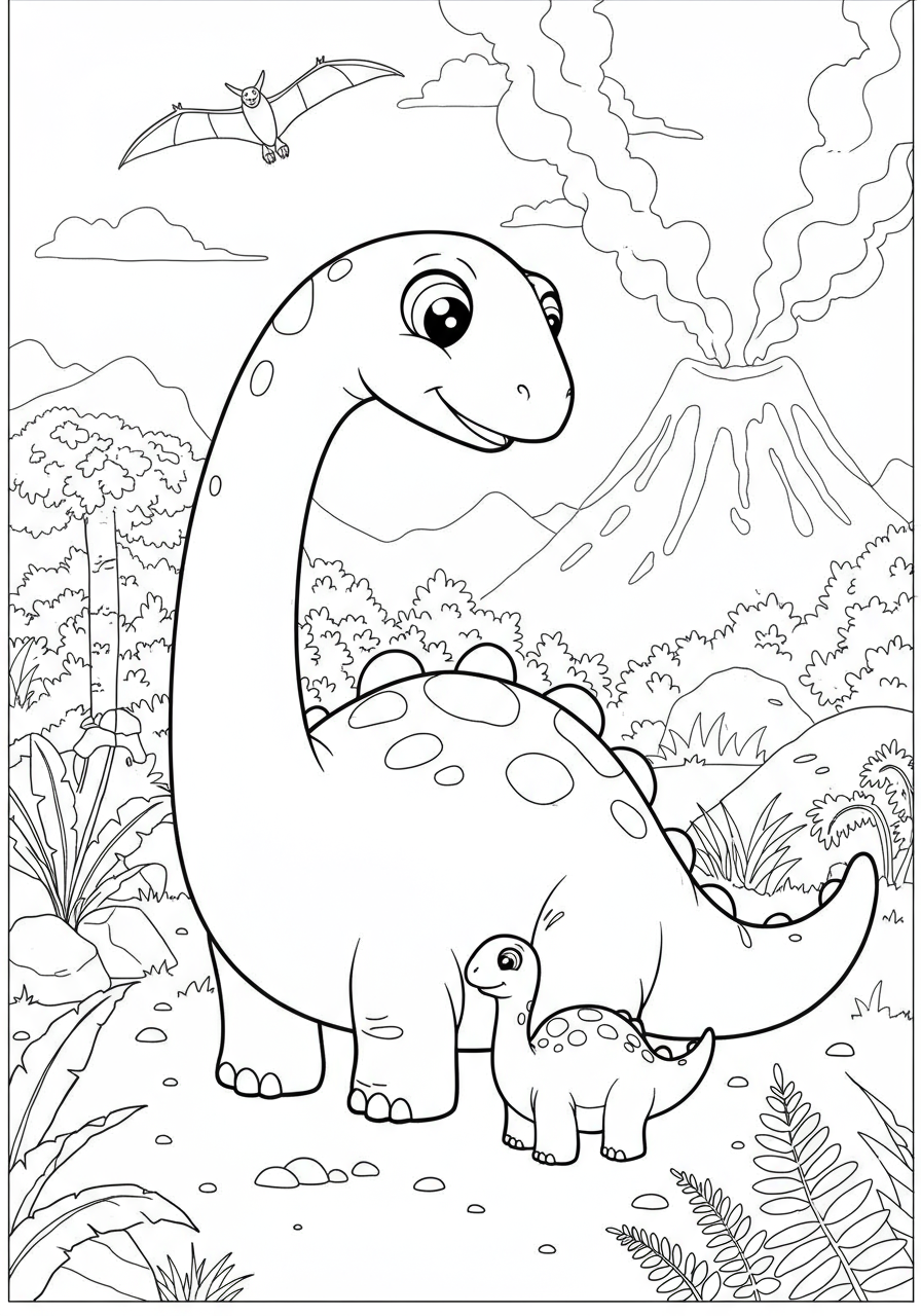 A free printable coloring page depicting a large, friendly parent dinosaur gently watching over its small baby dinosaur in a prehistoric landscape, perfect for young children to color.
