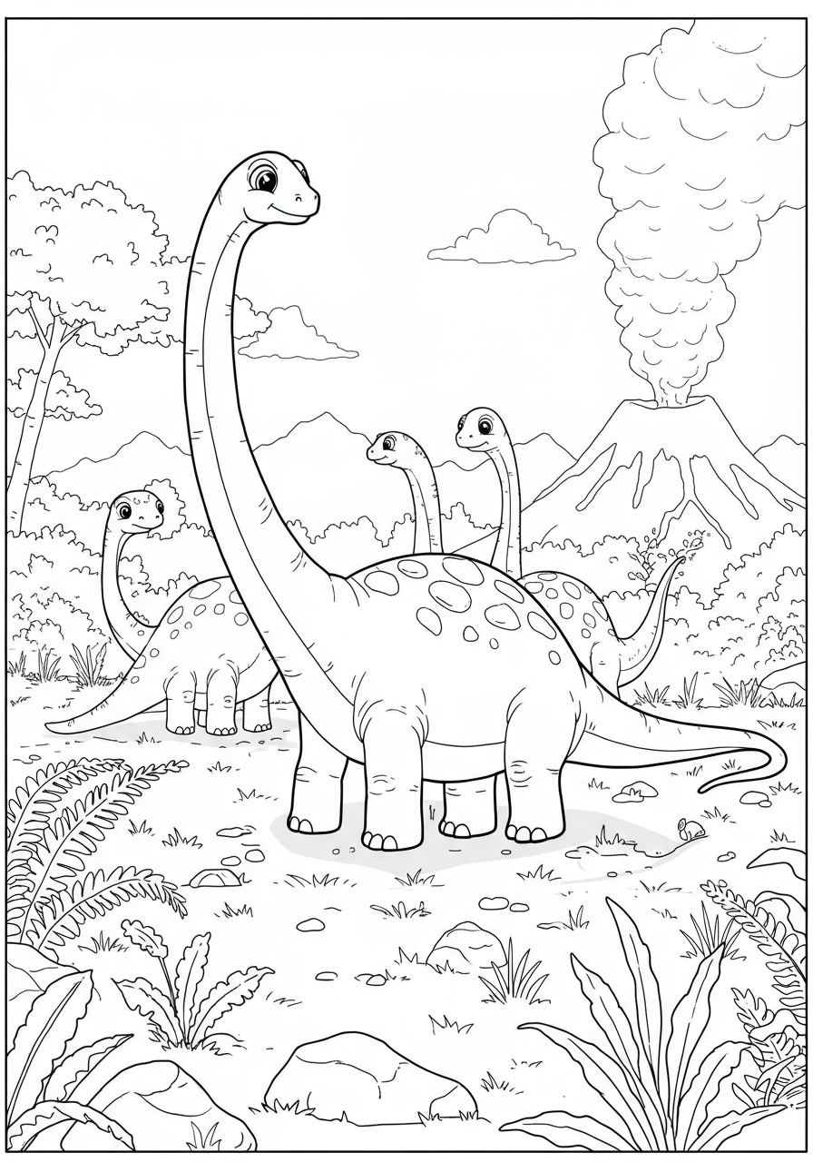 A free printable coloring page depicting a peaceful Diplodocus herd grazing in a prehistoric landscape, suitable for kids.