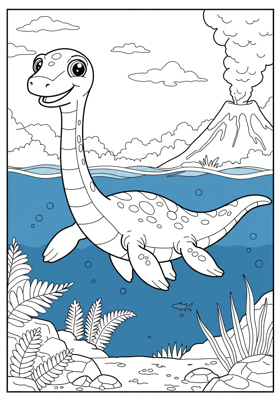 Free printable coloring page featuring an easy-to-color Plesiosaurus swimming in deep blue water, perfect for kids.