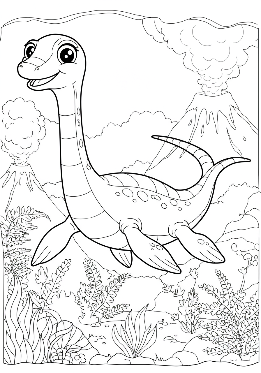 A free printable coloring page featuring a graceful Plesiosaurus swimming underwater, perfect for kids.