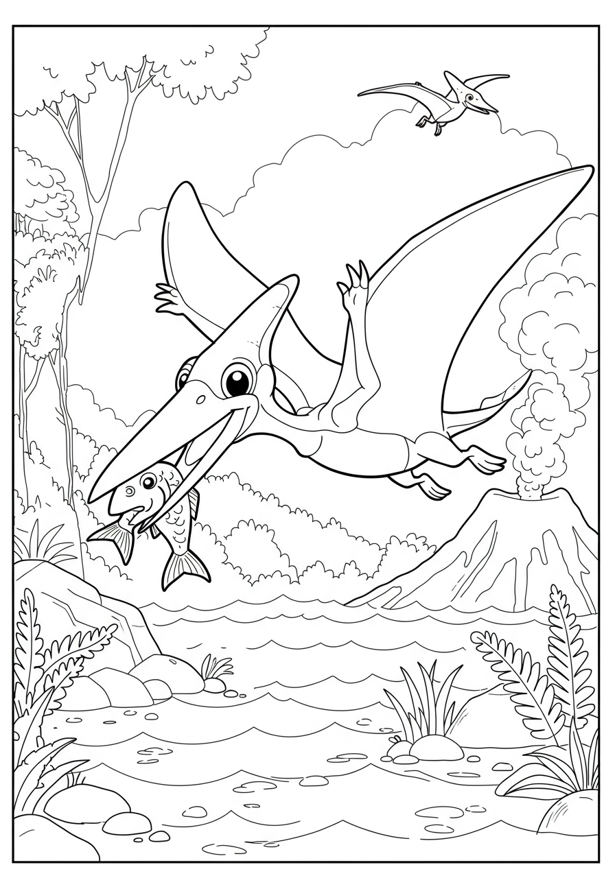 Free printable Pteranodon catching fish coloring page showing a large flying reptile diving towards the ocean with a fish in its beak.