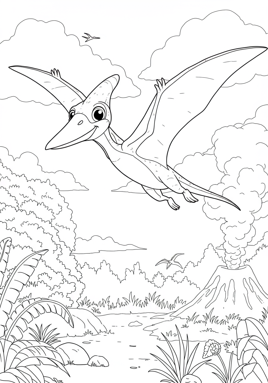 Free printable Pteranodon Flying High coloring page showing a Pteranodon soaring gracefully in the sky with simple outlines for easy coloring.