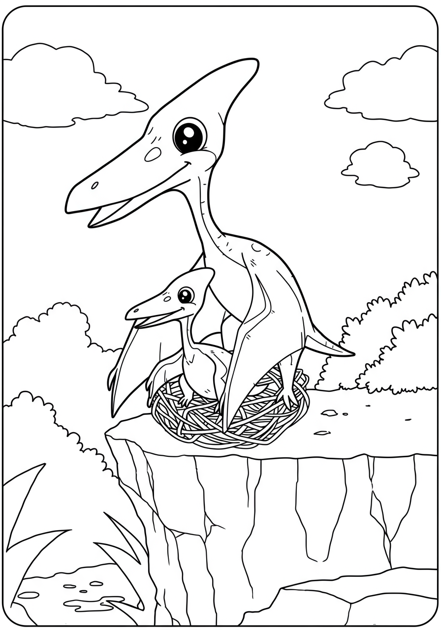 A Pteranodon feeding its babies in a nest on a high cliff overlooking the ocean