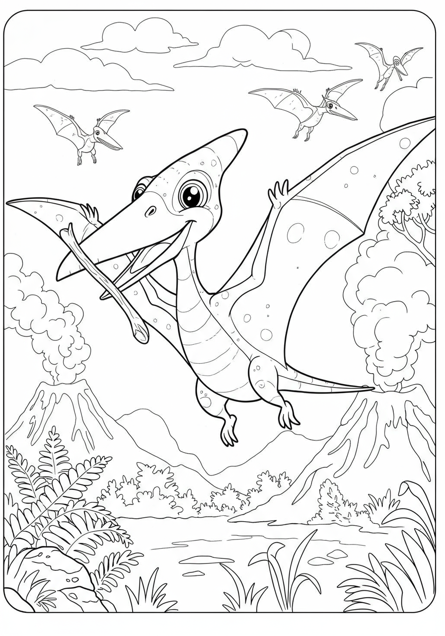 Free printable coloring page featuring a happy Pterodactyl flying through the sky while carrying a stick in its beak, perfect for kids.