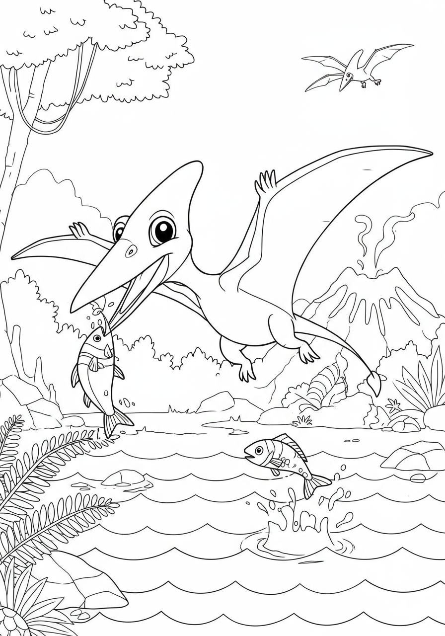 Free printable Pterodactyl fishing ocean coloring page featuring a Pterodactyl swooping down to catch a fish from the ocean, perfect for kids.