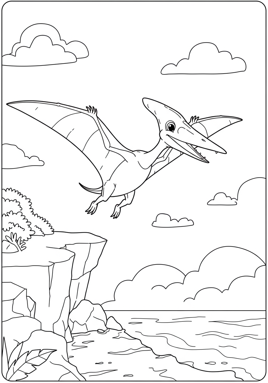 A Pterodactyl soaring over ocean cliffs with wings spread wide
