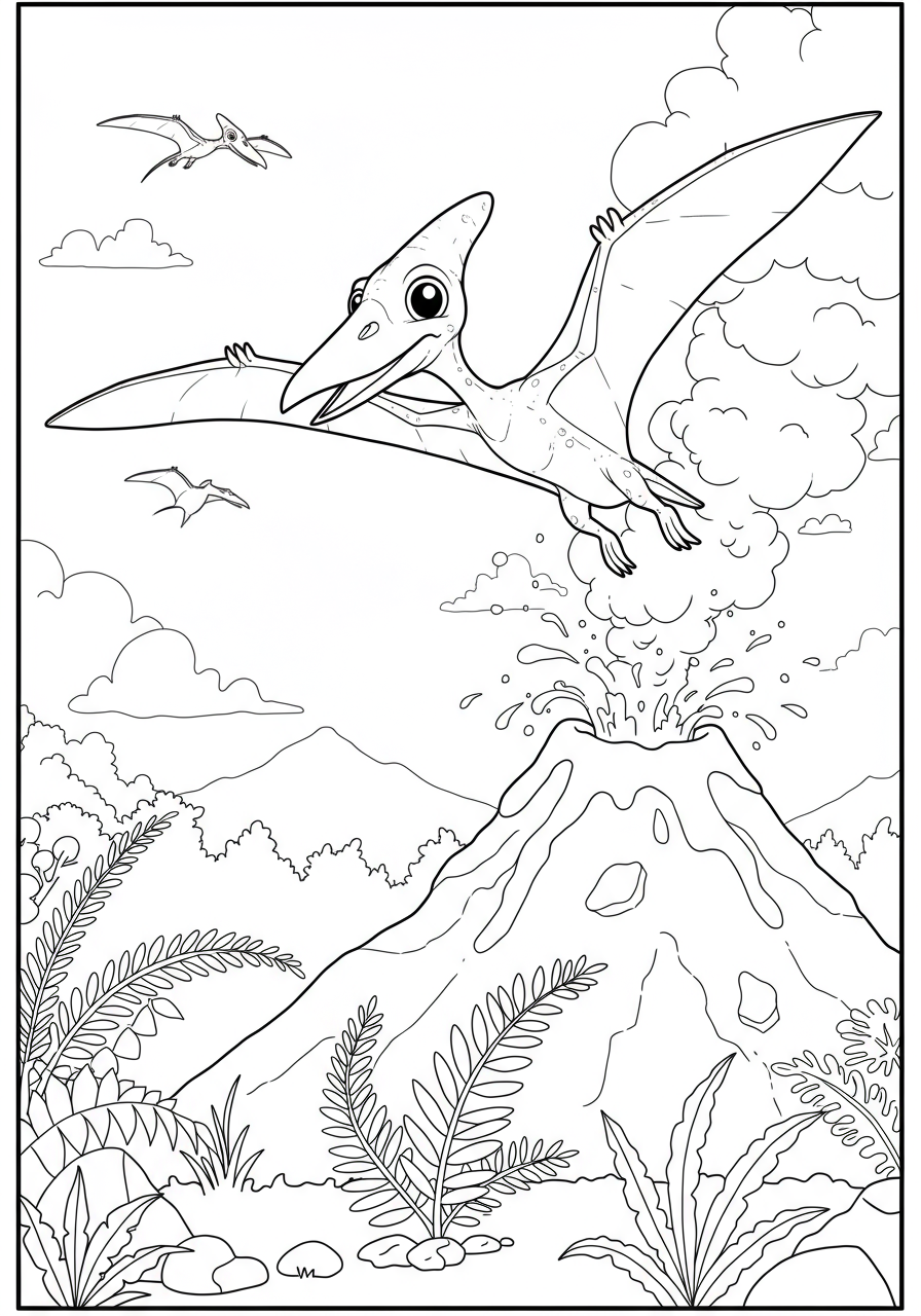 Free printable Pterodactyl flying over an erupting volcano coloring page for kids. Easy dinosaur-themed drawing featuring a winged reptile and a mountain.