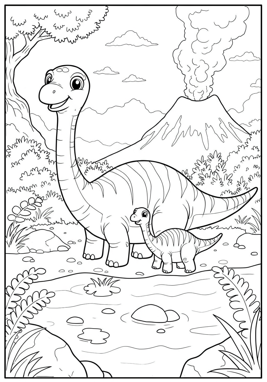 Free printable coloring page featuring a gentle Maiasaura dinosaur with its young, carefully crossing a river in a prehistoric landscape, designed for easy coloring.